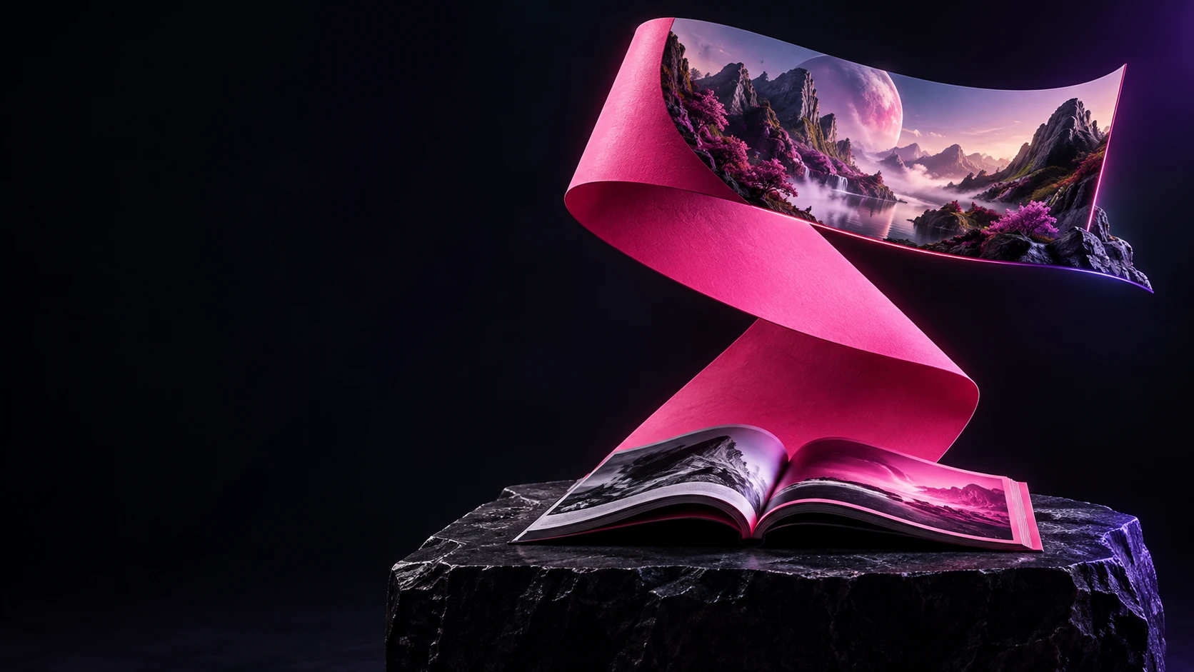 A pink paper fold opens into an imagined landscape and a book.